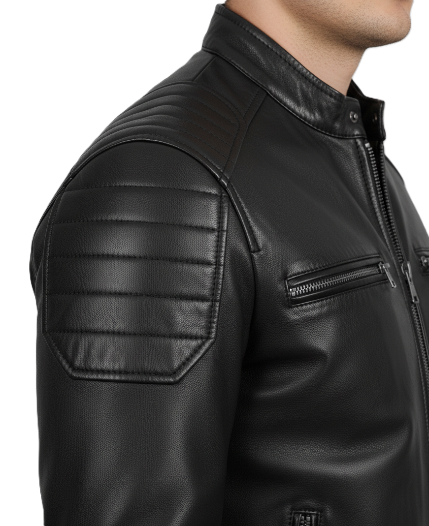 Leathino men’s black genuine leather racer jacket with snap collar and YKK zippers
Black full-grain leather men’s moto jacket with padded shoulders and zip pockets
Premium men’s black leather jacket with stand collar and sleek minimalist design
Men’s black café racer leather jacket with smooth finish and reinforced stitching.