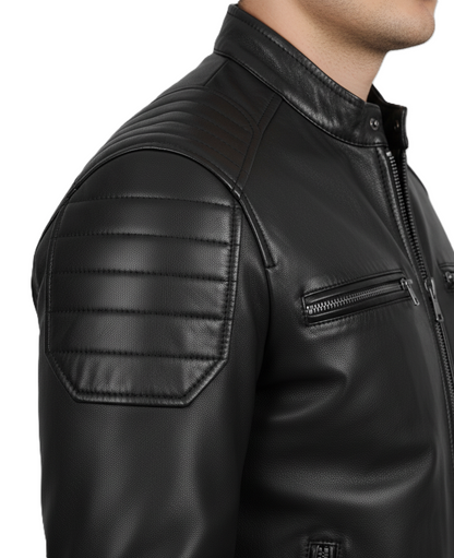 Leathino men’s black genuine leather racer jacket with snap collar and YKK zippers
Black full-grain leather men’s moto jacket with padded shoulders and zip pockets
Premium men’s black leather jacket with stand collar and sleek minimalist design
Men’s black café racer leather jacket with smooth finish and reinforced stitching.