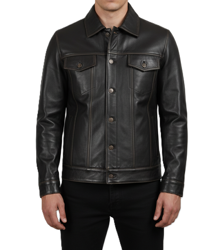 Leathino dark brown genuine cowhide leather trucker jacket with button closure and contrast stitching.
Men’s premium dark brown leather jacket with shirt collar and flap pockets by Leathino
Close-up of handcrafted dark brown leather texture and vintage metal buttons on Leathino jacket
Front view of Leathino men’s dark brown leather trucker jacket with structured panels and smooth grain finish