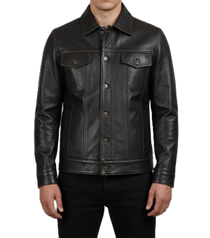 Leathino dark brown genuine cowhide leather trucker jacket with button closure and contrast stitching.
Men’s premium dark brown leather jacket with shirt collar and flap pockets by Leathino
Close-up of handcrafted dark brown leather texture and vintage metal buttons on Leathino jacket
Front view of Leathino men’s dark brown leather trucker jacket with structured panels and smooth grain finish