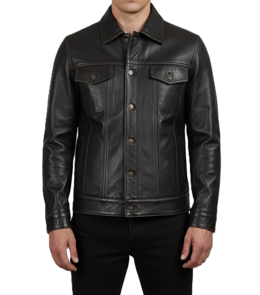 Leathino dark brown genuine cowhide leather trucker jacket with button closure and contrast stitching.
Men’s premium dark brown leather jacket with shirt collar and flap pockets by Leathino
Close-up of handcrafted dark brown leather texture and vintage metal buttons on Leathino jacket
Front view of Leathino men’s dark brown leather trucker jacket with structured panels and smooth grain finish