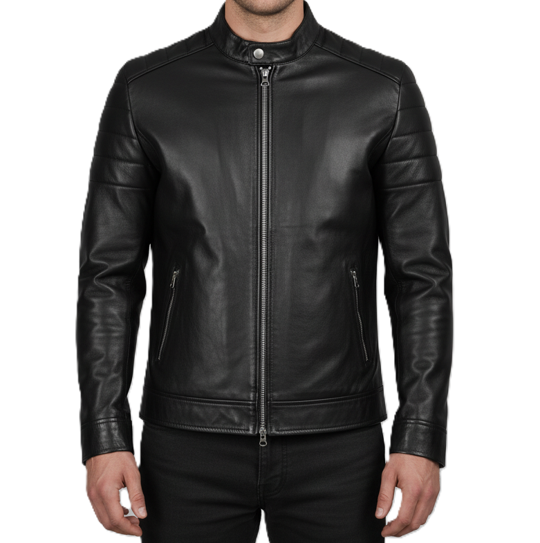 Leathino black genuine leather jacket with stand collar and front zipper
Men’s black cowhide café racer jacket with padded shoulders
Slim-fit leather jacket with metallic zipper pockets by Leathino
Matte black leather moto jacket featuring snap-button collar and stitching detail
Premium men’s leather jacket with quilted arm panels and modern design