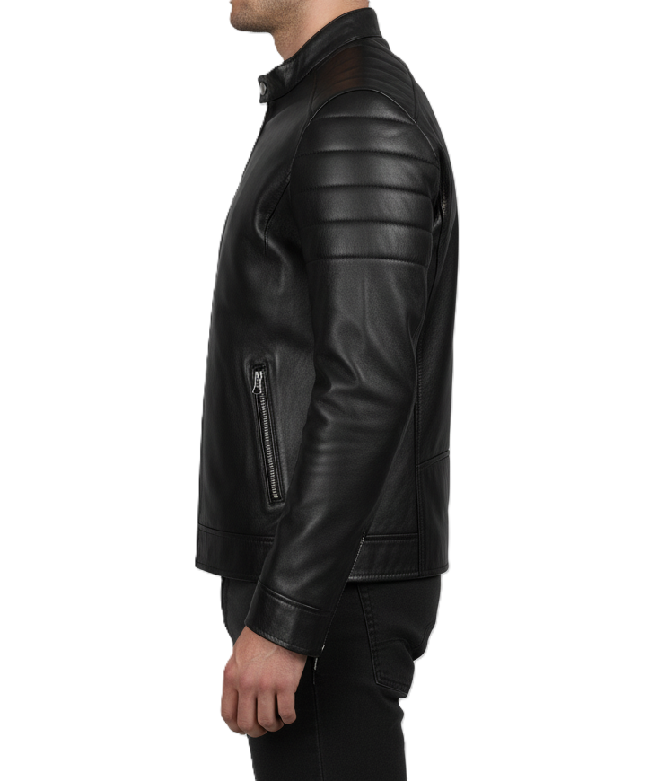 Leathino black genuine leather jacket with stand collar and front zipper
Men’s black cowhide café racer jacket with padded shoulders
Slim-fit leather jacket with metallic zipper pockets by Leathino
Matte black leather moto jacket featuring snap-button collar and stitching detail
Premium men’s leather jacket with quilted arm panels and modern design