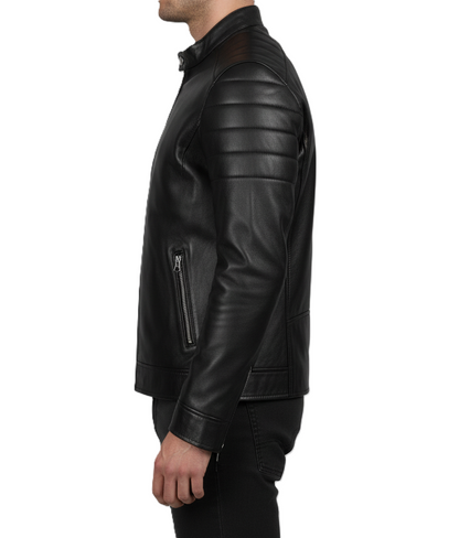Leathino black genuine leather jacket with stand collar and front zipper
Men’s black cowhide café racer jacket with padded shoulders
Slim-fit leather jacket with metallic zipper pockets by Leathino
Matte black leather moto jacket featuring snap-button collar and stitching detail
Premium men’s leather jacket with quilted arm panels and modern design