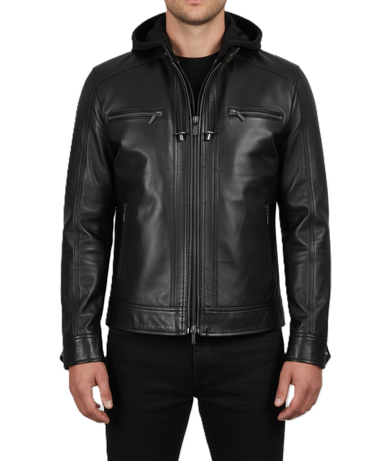 Leathino men’s black genuine leather jacket with removable hood and dual zipper front.
Premium black real leather jacket for men with detachable hood and chest zipper pockets.
Slim-fit men’s leather jacket in matte black with removable hood and reinforced stitching.
Modern black leather jacket by Leathino featuring a detachable hood, metal zippers, and a sleek panel design.
Men’s premium hooded leather jacket with removable hood, smooth texture, and dual front zippers.