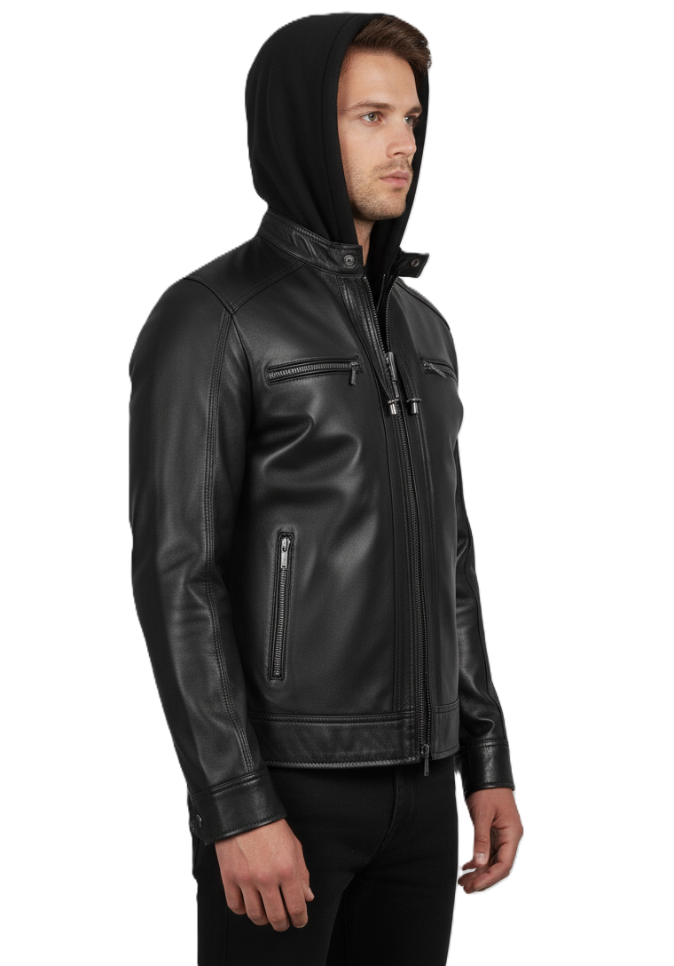 Leathino men’s black genuine leather jacket with removable hood and dual zipper front.
Premium black real leather jacket for men with detachable hood and chest zipper pockets.
Slim-fit men’s leather jacket in matte black with removable hood and reinforced stitching.
Modern black leather jacket by Leathino featuring a detachable hood, metal zippers, and a sleek panel design.
Men’s premium hooded leather jacket with removable hood, smooth texture, and dual front zippers.