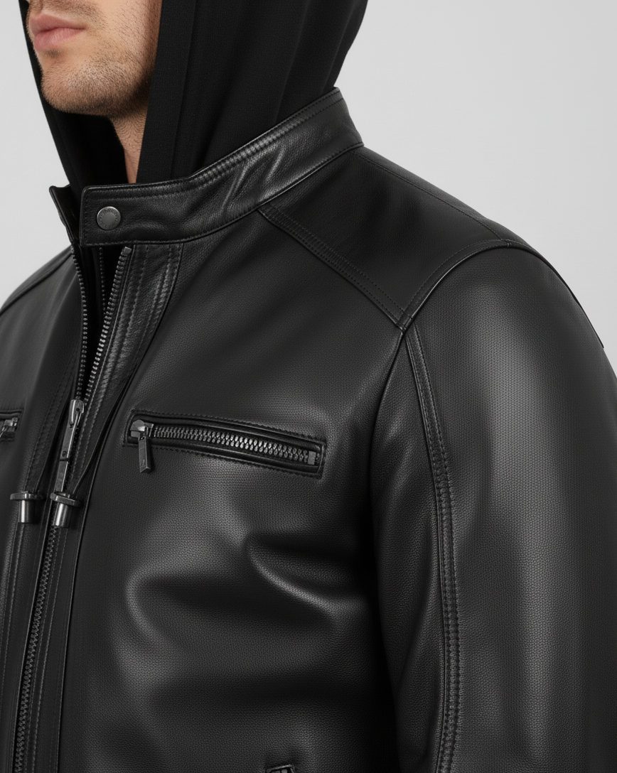Leathino men’s black genuine leather jacket with removable hood and dual zipper front.
Premium black real leather jacket for men with detachable hood and chest zipper pockets.
Slim-fit men’s leather jacket in matte black with removable hood and reinforced stitching.
Modern black leather jacket by Leathino featuring a detachable hood, metal zippers, and a sleek panel design.
Men’s premium hooded leather jacket with removable hood, smooth texture, and dual front zippers.