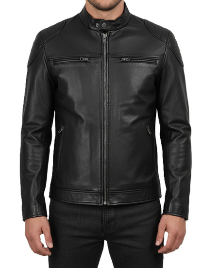 Leathino men’s black genuine leather jacket with quilted shoulders and front zipper
Black matte-finish real leather moto jacket with stand collar and zip pockets
Premium handcrafted leather biker jacket for men with padded shoulder design
Men’s slim-fit black leather jacket featuring high-quality metal zippers