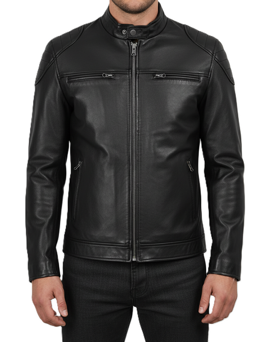 Leathino men’s black genuine leather jacket with quilted shoulders and front zipper
Black matte-finish real leather moto jacket with stand collar and zip pockets
Premium handcrafted leather biker jacket for men with padded shoulder design
Men’s slim-fit black leather jacket featuring high-quality metal zippers