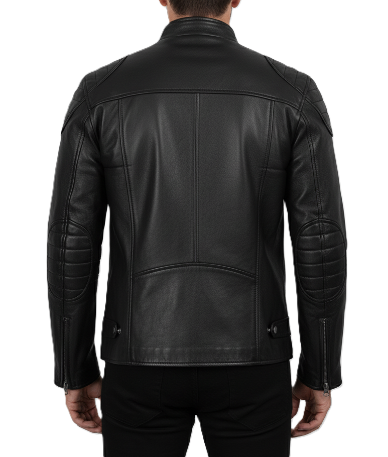Leathino men’s black genuine leather jacket with quilted shoulders and front zipper
Black matte-finish real leather moto jacket with stand collar and zip pockets
Premium handcrafted leather biker jacket for men with padded shoulder design
Men’s slim-fit black leather jacket featuring high-quality metal zippers