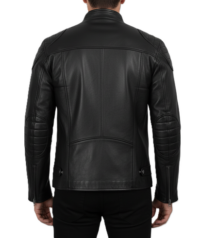 Leathino men’s black genuine leather jacket with quilted shoulders and front zipper
Black matte-finish real leather moto jacket with stand collar and zip pockets
Premium handcrafted leather biker jacket for men with padded shoulder design
Men’s slim-fit black leather jacket featuring high-quality metal zippers