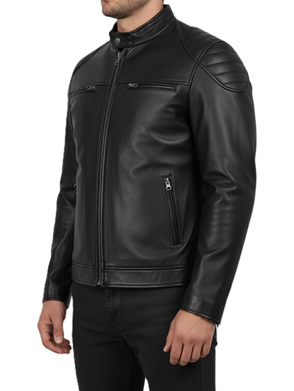 Leathino men’s black genuine leather jacket with quilted shoulders and front zipper
Black matte-finish real leather moto jacket with stand collar and zip pockets
Premium handcrafted leather biker jacket for men with padded shoulder design
Men’s slim-fit black leather jacket featuring high-quality metal zippers