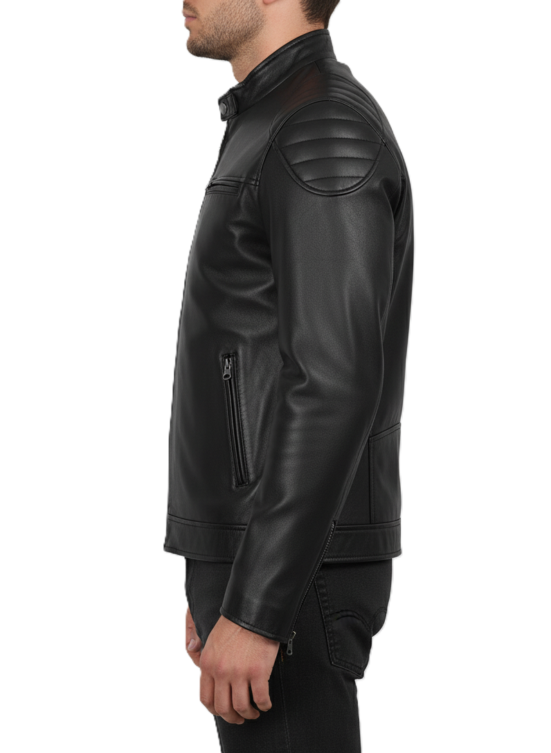 Leathino men’s black genuine leather jacket with quilted shoulders and front zipper
Black matte-finish real leather moto jacket with stand collar and zip pockets
Premium handcrafted leather biker jacket for men with padded shoulder design
Men’s slim-fit black leather jacket featuring high-quality metal zippers