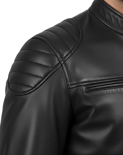 Leathino men’s black genuine leather jacket with quilted shoulders and front zipper
Black matte-finish real leather moto jacket with stand collar and zip pockets
Premium handcrafted leather biker jacket for men with padded shoulder design
Men’s slim-fit black leather jacket featuring high-quality metal zippers