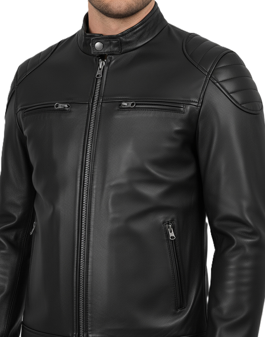 Leathino men’s black genuine leather jacket with quilted shoulders and front zipper
Black matte-finish real leather moto jacket with stand collar and zip pockets
Premium handcrafted leather biker jacket for men with padded shoulder design
Men’s slim-fit black leather jacket featuring high-quality metal zippers
