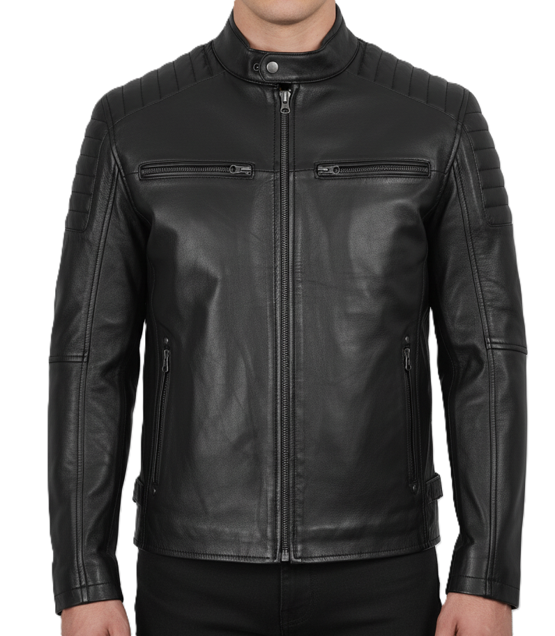 Leathino black genuine leather biker jacket with quilted shoulders and stand collar
Men’s real sheepskin moto jacket in black with YKK zippers and snap-button collar
Premium black leather jacket for men with chest and side zipper pockets
Classic men’s black motorcycle jacket with quilted stitching detail
Slim fit black leather moto jacket by Leathino with adjustable waist tabs