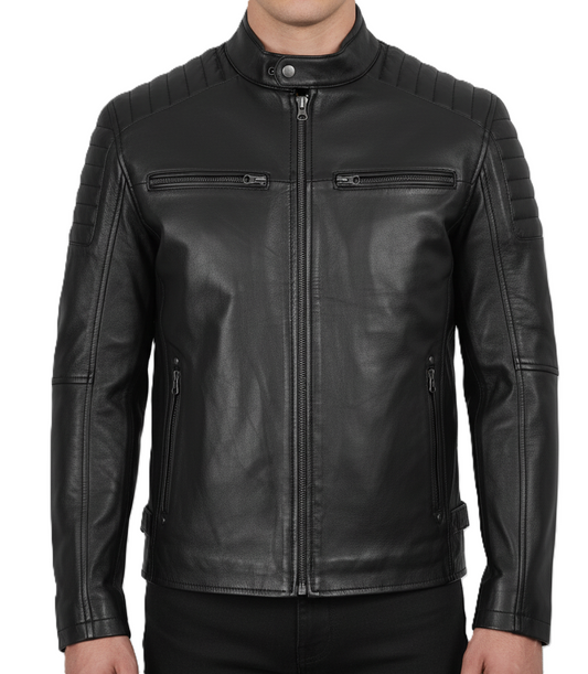 Leathino black genuine leather biker jacket with quilted shoulders and stand collar
Men’s real sheepskin moto jacket in black with YKK zippers and snap-button collar
Premium black leather jacket for men with chest and side zipper pockets
Classic men’s black motorcycle jacket with quilted stitching detail
Slim fit black leather moto jacket by Leathino with adjustable waist tabs