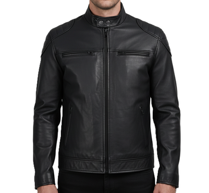 Leathino black genuine leather men’s café racer jacket with stand collar and zipper pockets
Premium black leather jacket with padded shoulders and front YKK zipper by Leathino
