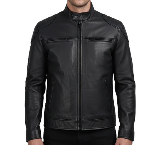 Leathino black genuine leather men’s café racer jacket with stand collar and zipper pockets
Premium black leather jacket with padded shoulders and front YKK zipper by Leathino