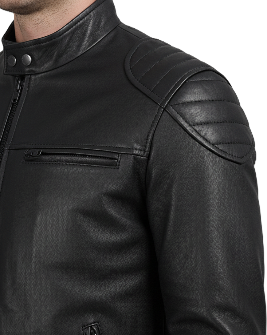 Leathino black genuine leather men’s café racer jacket with stand collar and zipper pockets
Premium black leather jacket with padded shoulders and front YKK zipper by Leathino