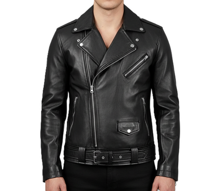 Mens black leather biker jacket—a real leather motorcycle jacket with asymmetrical zipper, belted waist, metal hardware, and slim-fit moto style.