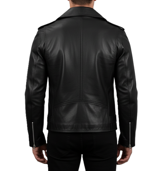 Mens black leather biker jacket – real leather motorcycle jacket with asymmetrical zipper, belted waist, metal hardware, and slim-fit moto style.