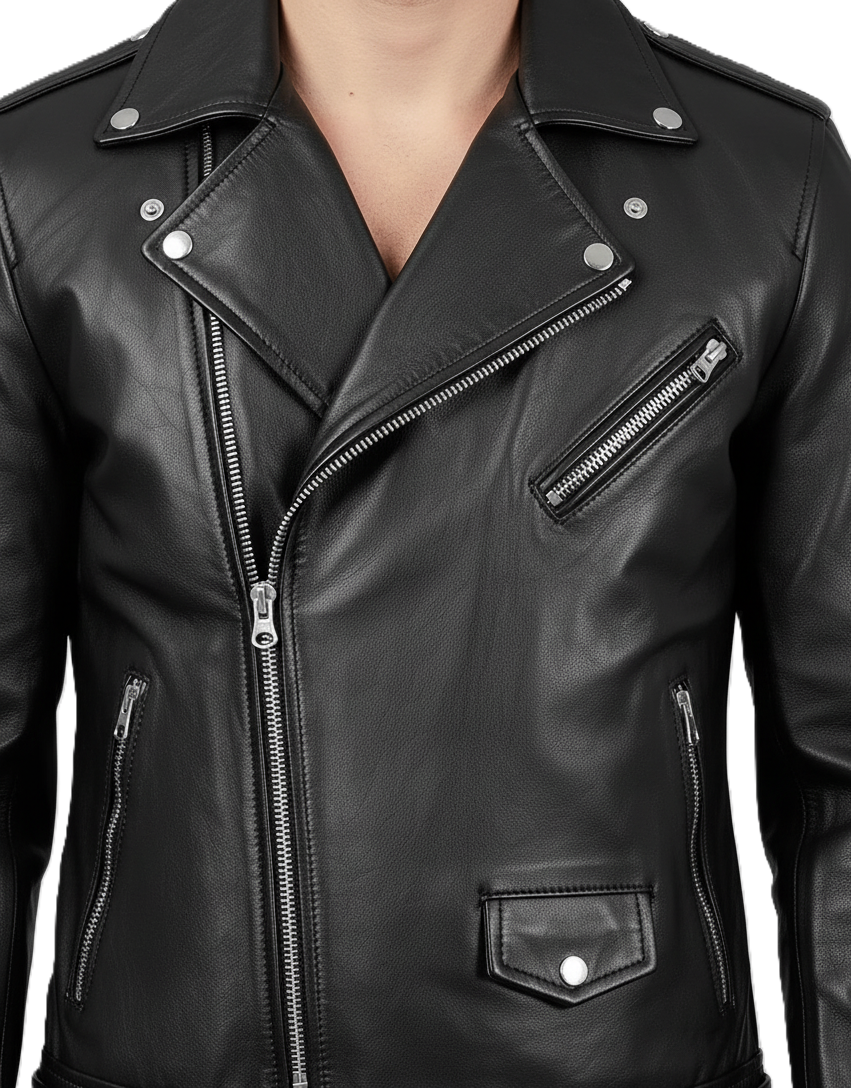 Mens black leather biker jacket – real leather motorcycle jacket with asymmetrical zipper, belted waist, metal hardware, and slim-fit moto style.