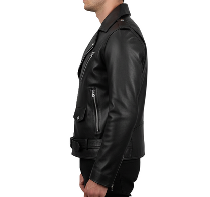 Mens black leather biker jacket – real leather motorcycle jacket with asymmetrical zipper, belted waist, metal hardware, and slim-fit moto style.