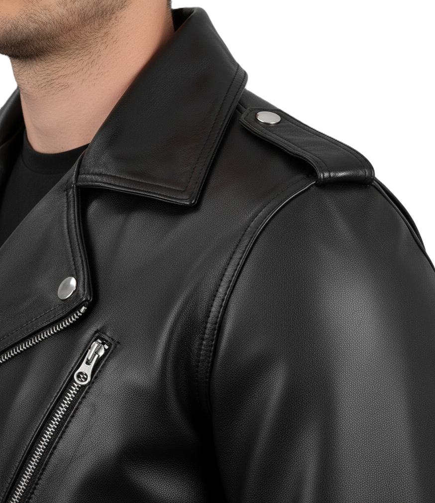 Mens black leather biker jacket – real leather motorcycle jacket with asymmetrical zipper, belted waist, metal hardware, and slim-fit moto style.