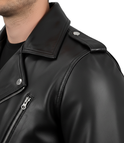 Mens black leather biker jacket – real leather motorcycle jacket with asymmetrical zipper, belted waist, metal hardware, and slim-fit moto style.