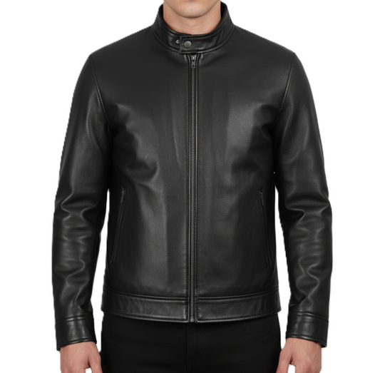 Leathino men’s black genuine leather jacket with stand collar and front zipper