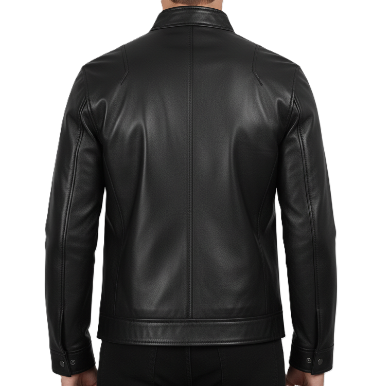 Leathino men’s black genuine leather jacket with stand collar and front zipper