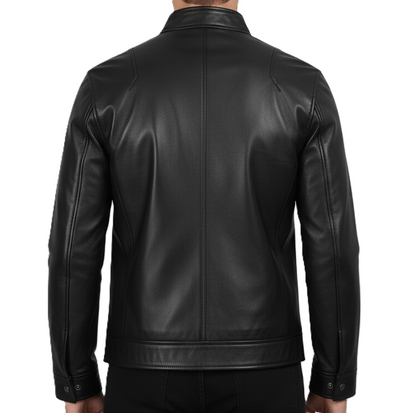 Leathino men’s black genuine leather jacket with stand collar and front zipper