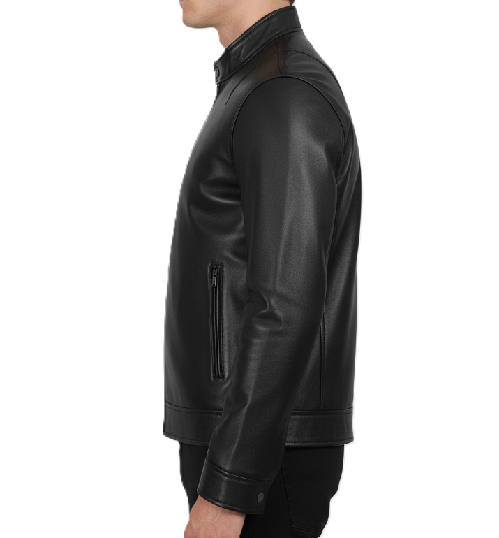 Leathino men’s black genuine leather jacket with stand collar and front zipper