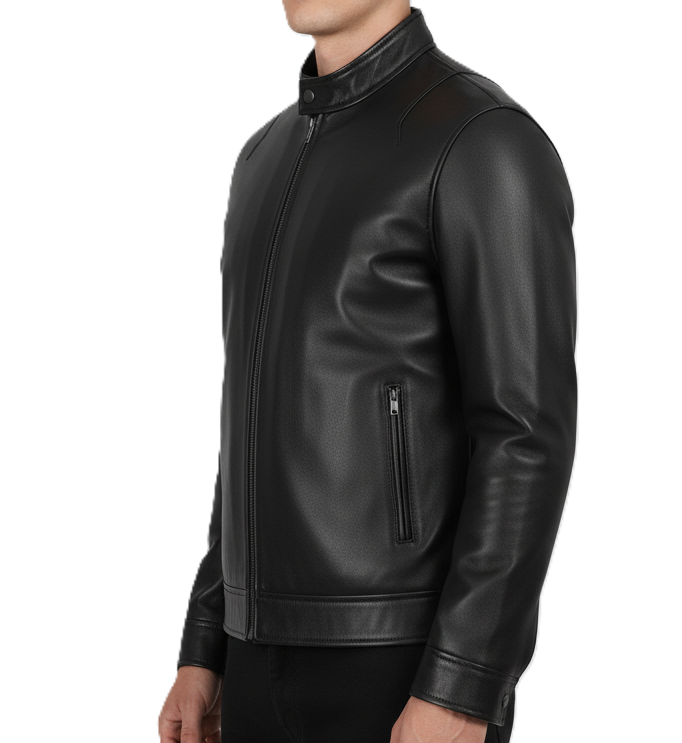 Leathino men’s black genuine leather jacket with stand collar and front zipper