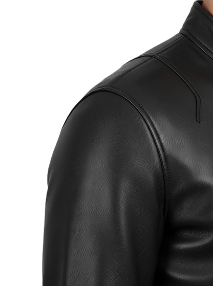 Leathino men’s black genuine leather jacket with stand collar and front zipper