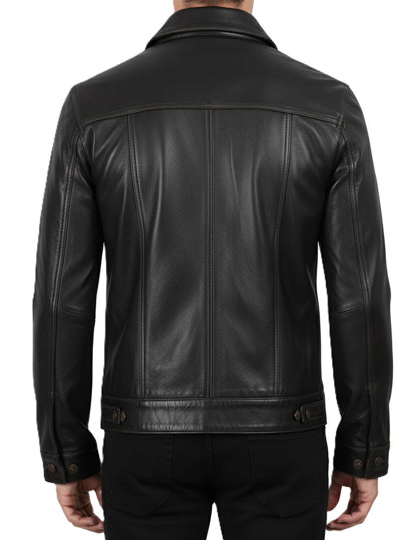 Leathino dark brown genuine cowhide leather trucker jacket with button closure and contrast stitching.
Men’s premium dark brown leather jacket with shirt collar and flap pockets by Leathino
Close-up of handcrafted dark brown leather texture and vintage metal buttons on Leathino jacket
Front view of Leathino men’s dark brown leather trucker jacket with structured panels and smooth grain finish