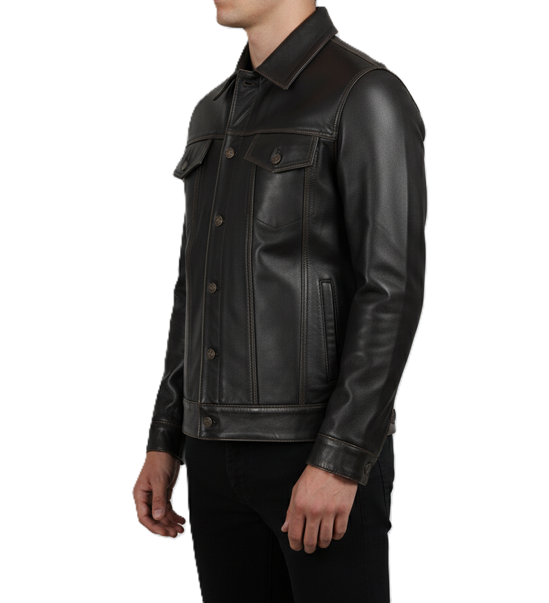 Leathino dark brown genuine cowhide leather trucker jacket with button closure and contrast stitching.
Men’s premium dark brown leather jacket with shirt collar and flap pockets by Leathino
Close-up of handcrafted dark brown leather texture and vintage metal buttons on Leathino jacket
Front view of Leathino men’s dark brown leather trucker jacket with structured panels and smooth grain finish