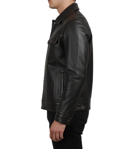 Leathino dark brown genuine cowhide leather trucker jacket with button closure and contrast stitching.
Men’s premium dark brown leather jacket with shirt collar and flap pockets by Leathino
Close-up of handcrafted dark brown leather texture and vintage metal buttons on Leathino jacket
Front view of Leathino men’s dark brown leather trucker jacket with structured panels and smooth grain finish
