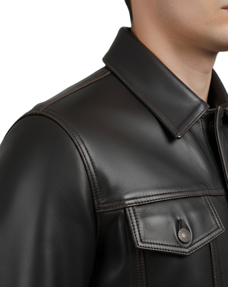 Leathino dark brown genuine cowhide leather trucker jacket with button closure and contrast stitching.
Men’s premium dark brown leather jacket with shirt collar and flap pockets by Leathino
Close-up of handcrafted dark brown leather texture and vintage metal buttons on Leathino jacket
Front view of Leathino men’s dark brown leather trucker jacket with structured panels and smooth grain finish