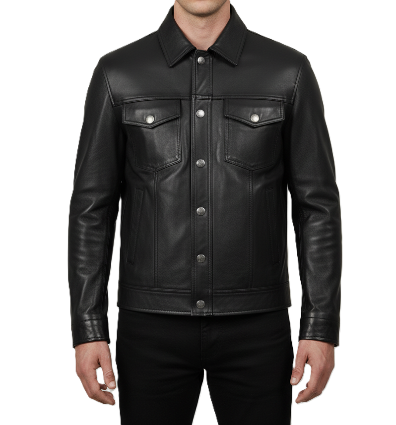 Mens leather trucker jacket in black – real leather shirt jacket with button-up design, classic collar, chest pockets, and premium slim fit outerwear for men.