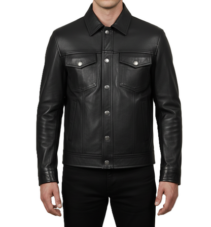 Mens leather trucker jacket in black – real leather shirt jacket with button-up design, classic collar, chest pockets, and premium slim fit outerwear for men.