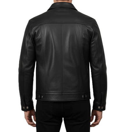 Mens leather trucker jacket in black – real leather shirt jacket with button-up design, classic collar, chest pockets, and premium slim fit outerwear for men.