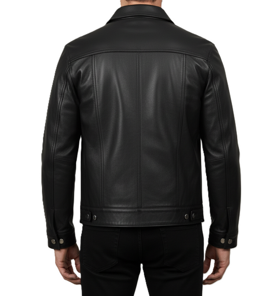 Mens leather trucker jacket in black – real leather shirt jacket with button-up design, classic collar, chest pockets, and premium slim fit outerwear for men.