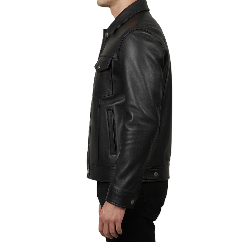 Mens leather trucker jacket in black – real leather shirt jacket with button-up design, classic collar, chest pockets, and premium slim fit outerwear for men.