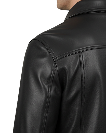 Mens leather trucker jacket in black – real leather shirt jacket with button-up design, classic collar, chest pockets, and premium slim fit outerwear for men.