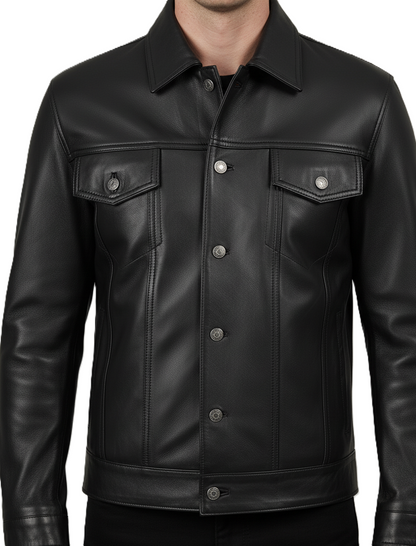 Mens leather trucker jacket in black – real leather shirt jacket with button-up design, classic collar, chest pockets, and premium slim fit outerwear for men.
