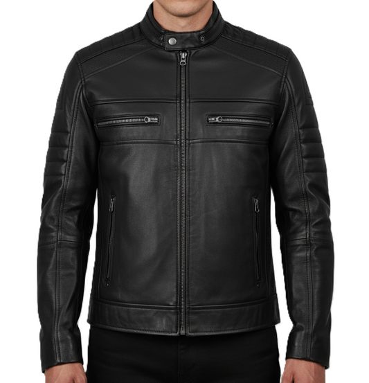 Leathino men’s black genuine leather jacket with stand collar and chest zipper pockets
