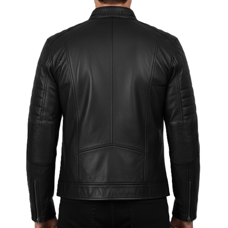 Leathino men’s black genuine leather jacket with stand collar and chest zipper pockets