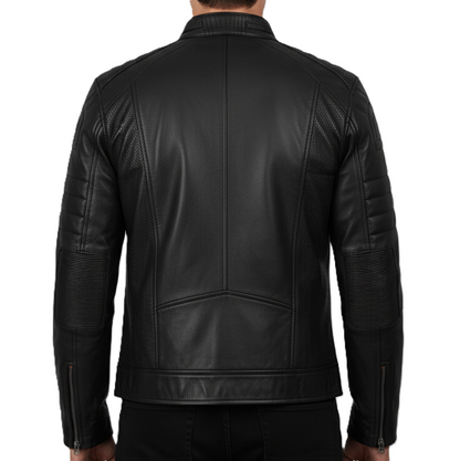Leathino men’s black genuine leather jacket with stand collar and chest zipper pockets
